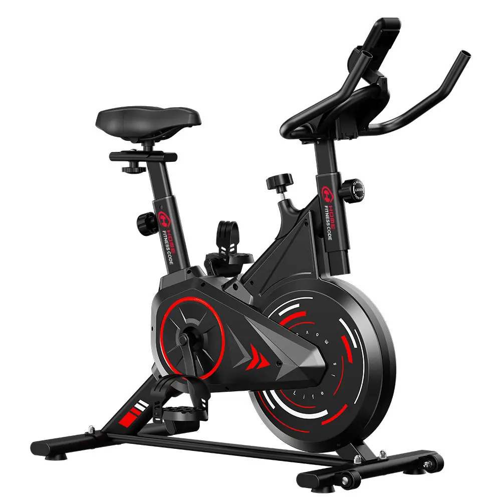 Home Fitness Code C1 upright exercise bike in black and red, side view (retailer product image)