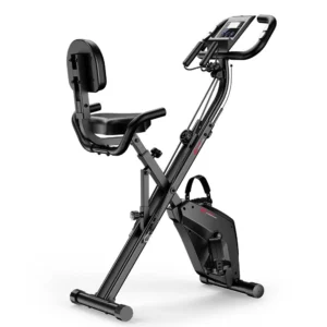 Foldable X-frame exercise bike with backrest and arm bands (retailer product image)