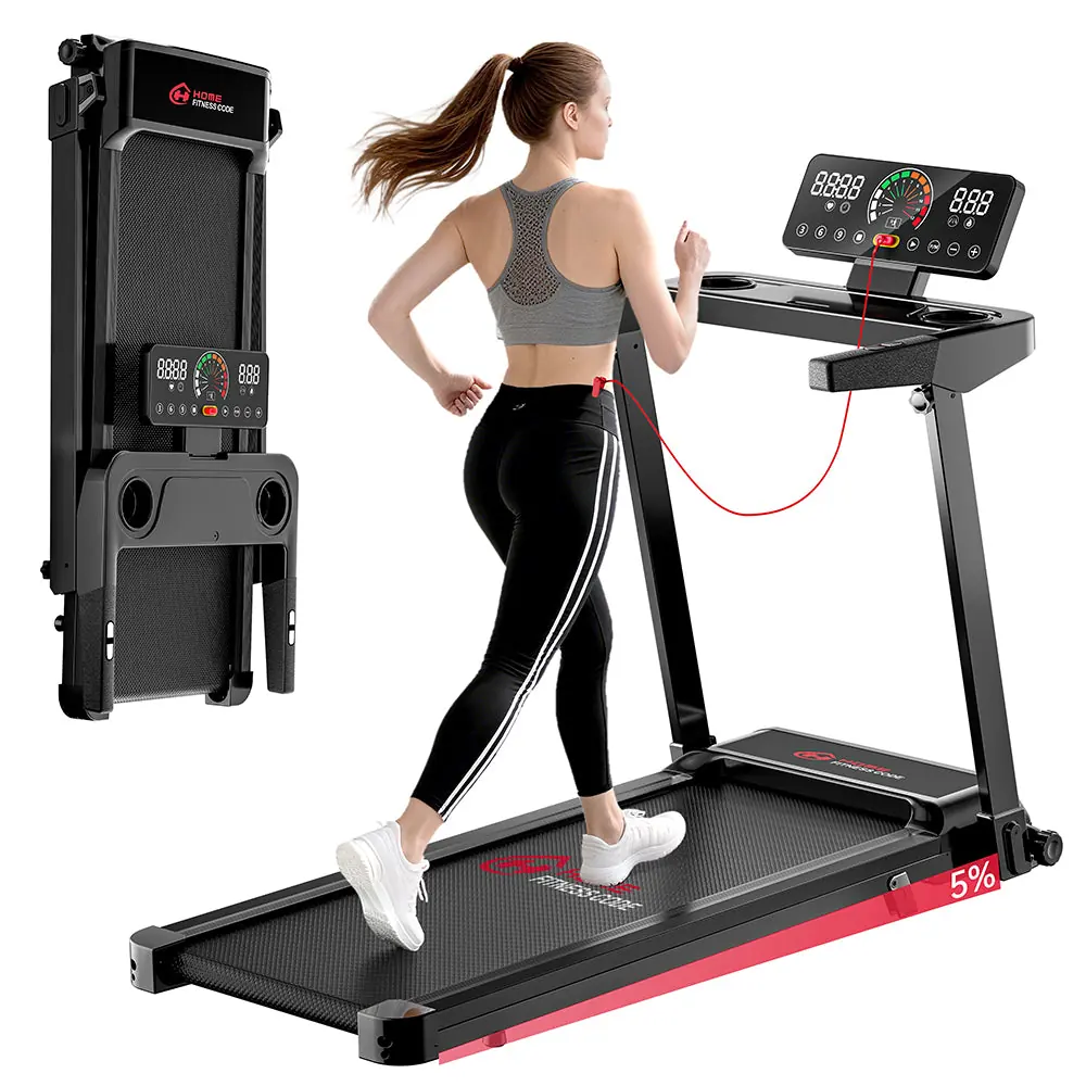 Q8 folding treadmill with handrail folded upright for storage (retailer image)