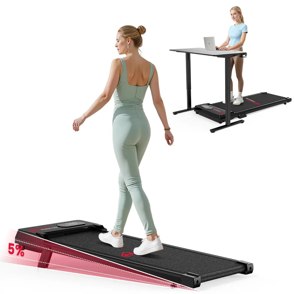 Person walking on a T7 walking pad at a standing desk (retailer lifestyle image)