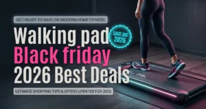 Promotional graphic reading "Walking pad Black Friday 2026 best deals" beside a person walking on a walking pad
