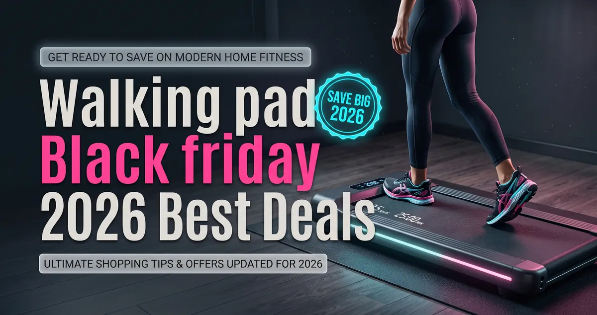 Promotional graphic reading "Walking pad Black Friday 2026 best deals" beside a person walking on a walking pad