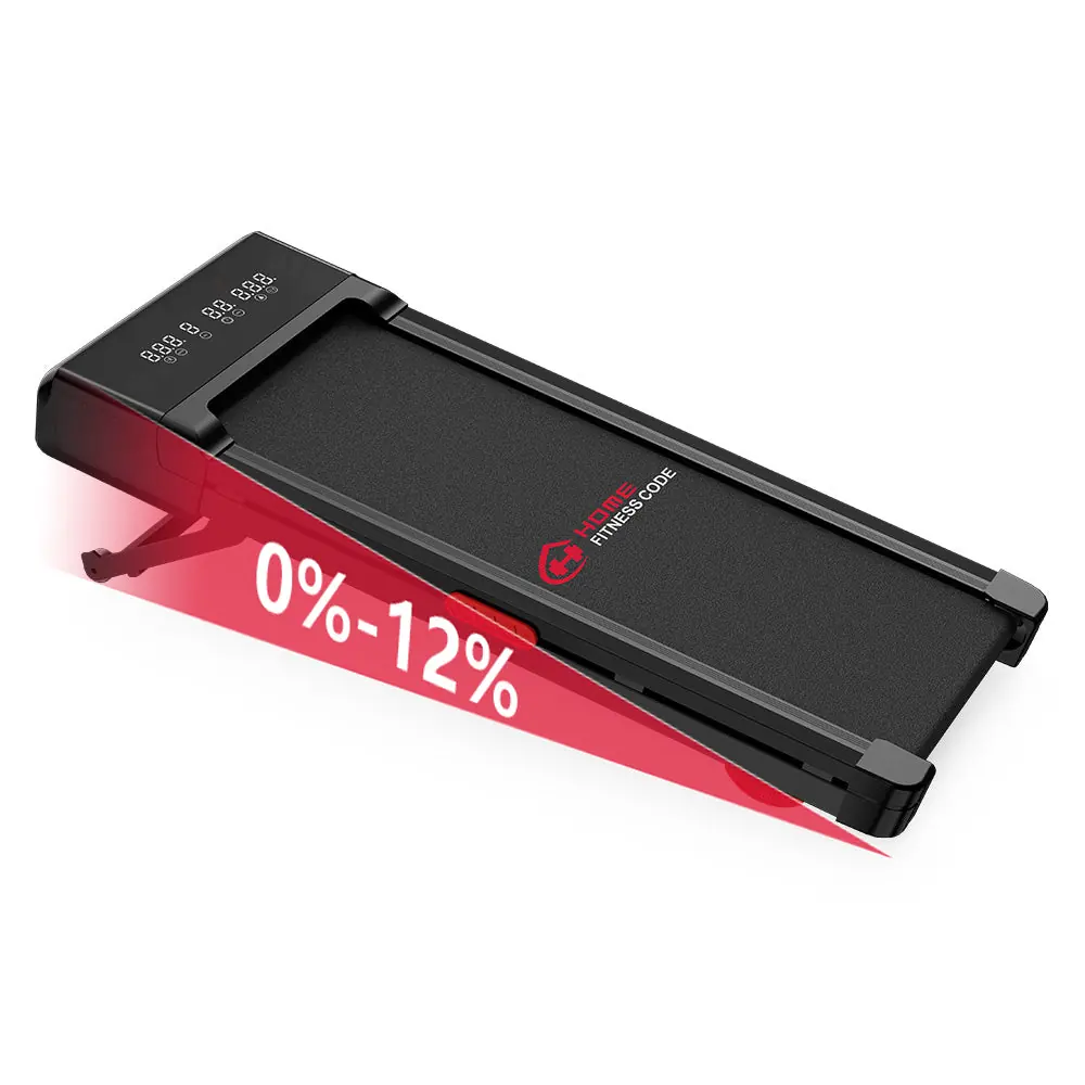 Home Fitness Code Y1 walking pad raised at the front to show its auto incline (retailer product image)