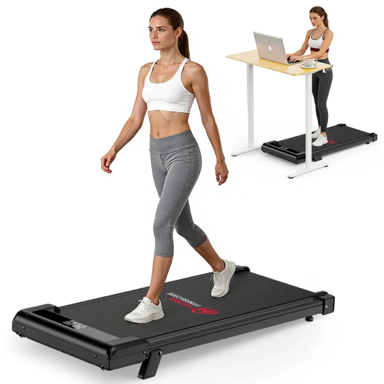 Woman walking on a compact walking pad at a standing desk (retailer lifestyle image)