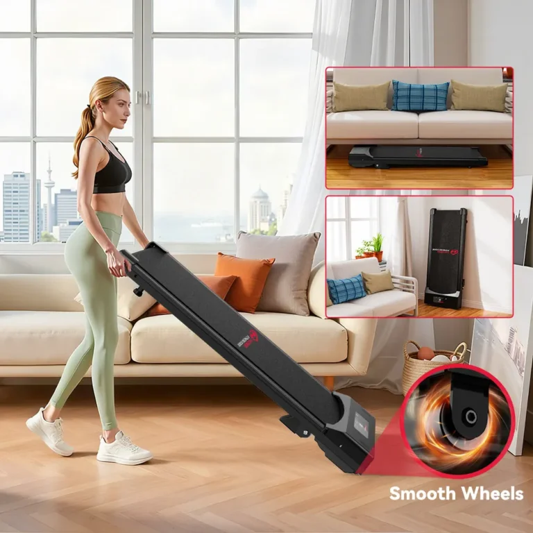 Woman tilting a C1 walking pad onto its front wheels to move it (retailer image)