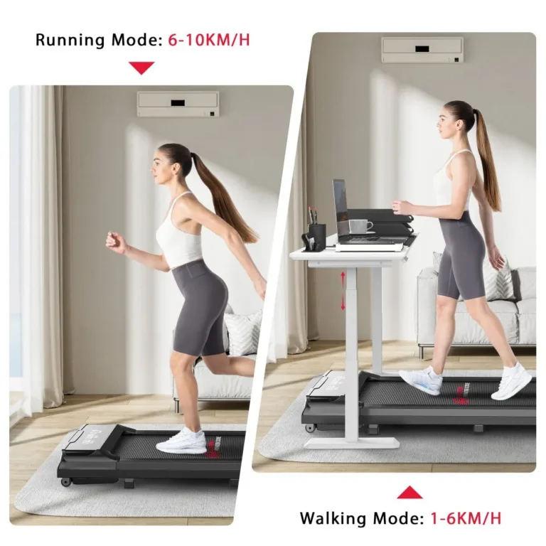 Home Fitness Code Q2 Pro walking pad shown in walking mode at a standing desk and in jogging mode (retailer image)