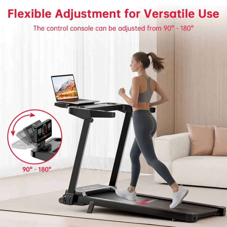 Q8 folding treadmill with its console tilted to hold a laptop while walking (retailer image)