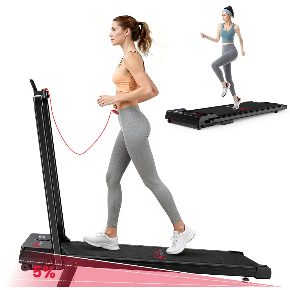 Woman walking on a T7 walking pad while holding the handrail (retailer image)