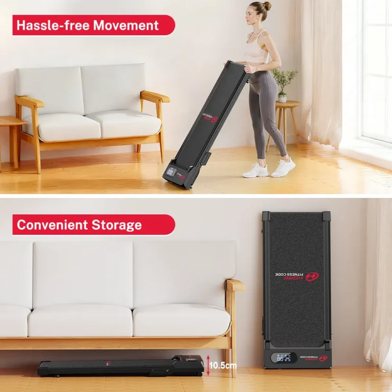 T7 walking pad being wheeled across a room and stored on its end (retailer image)