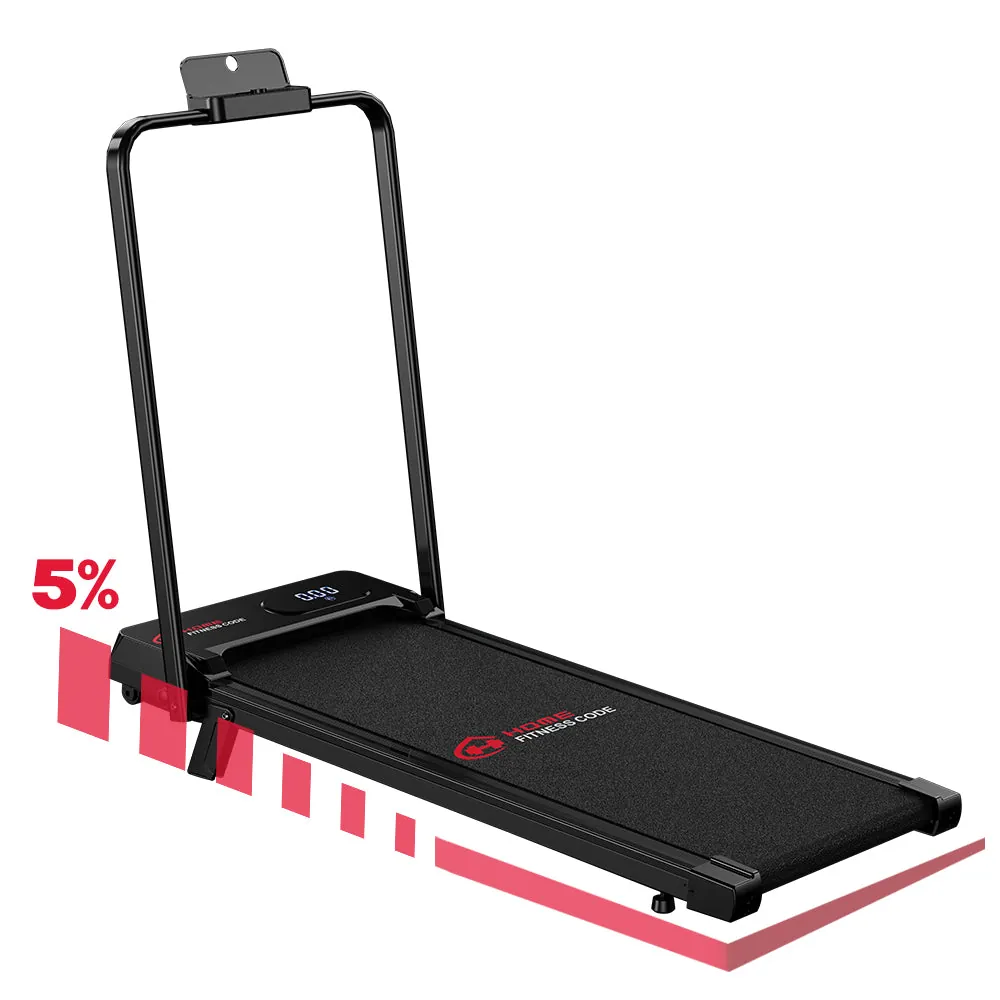 Home Fitness Code T7 walking pad with its upright handrail fitted (retailer product image)