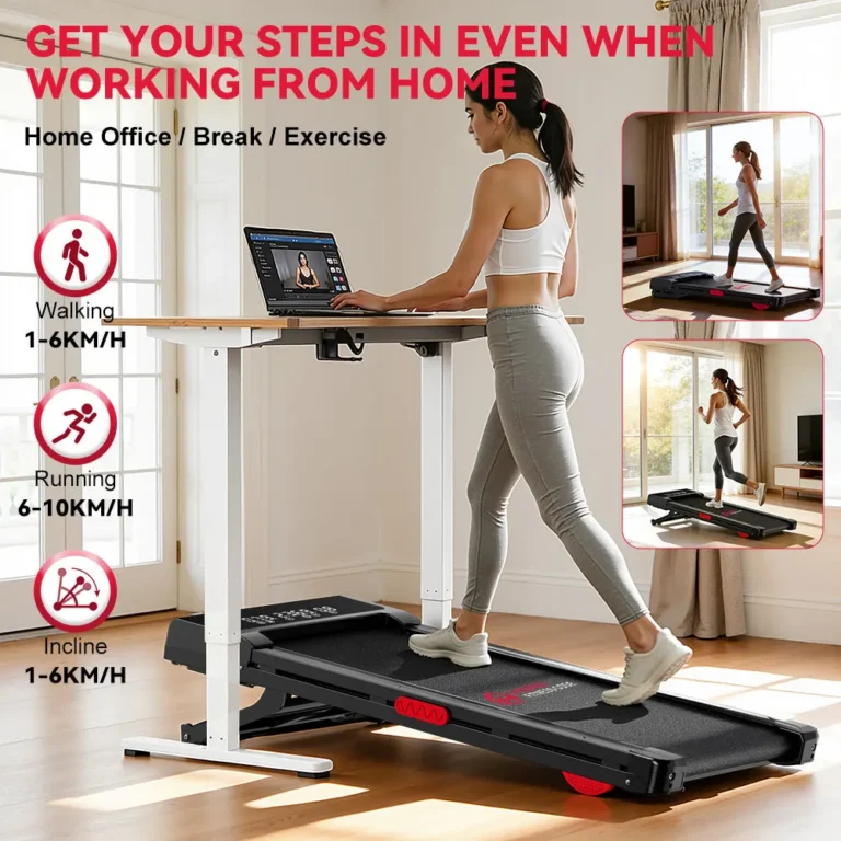 Woman walking on a Y3 walking pad at a standing desk (retailer image)