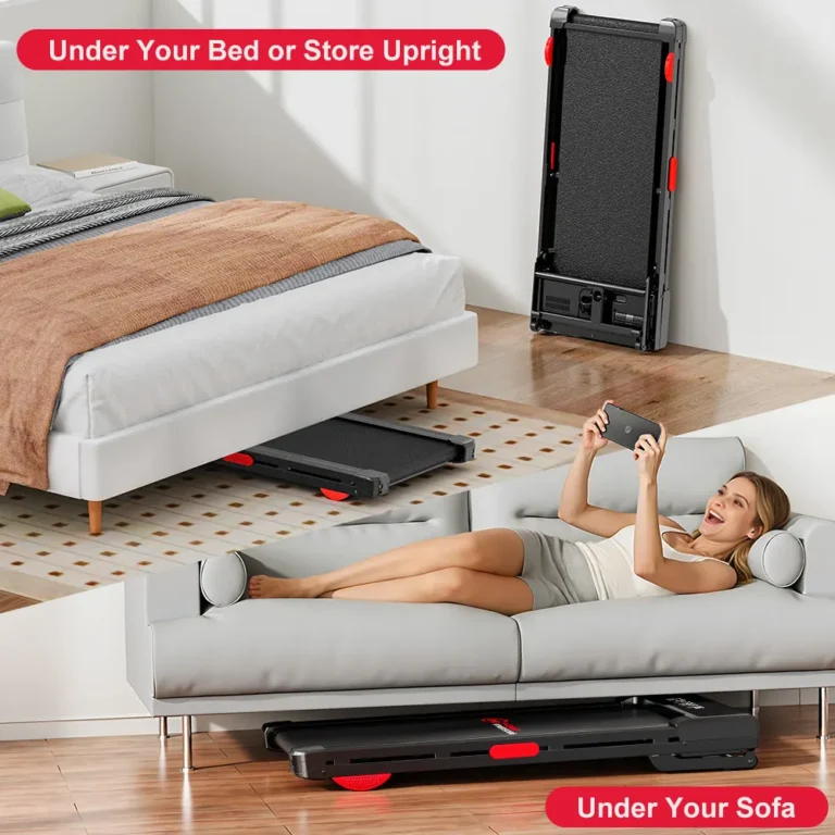 Y3 walking pad stored upright, under a bed and under a sofa (retailer image)