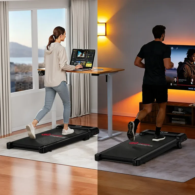Two people using Z3 walking pads, one at a standing desk (retailer image)